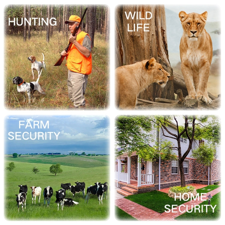 Solar WiFi security camera lifestyle collage for hunting, farm, and home security