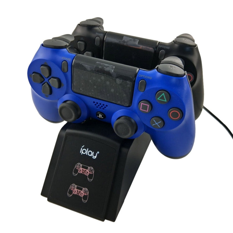 Dual port charging dock stand with blue PS4 controller seated on front cradle