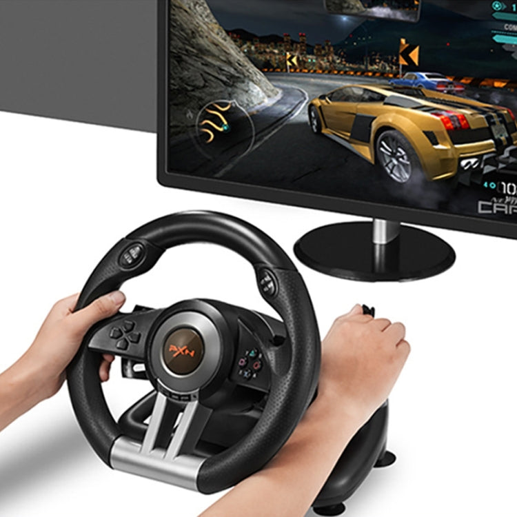 Racing game steering wheel, black with orange-lit center, grip grips and button cluster
