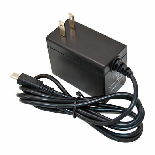 Black AC adapter with two-prong plug and long attached cables