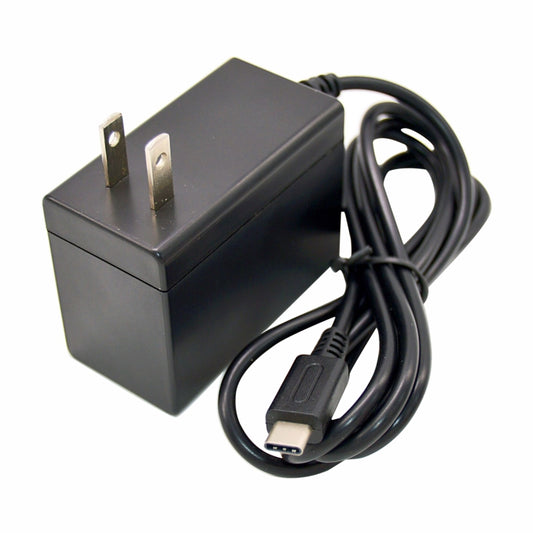 Black AC power adapter with attached cable and two-prong plug