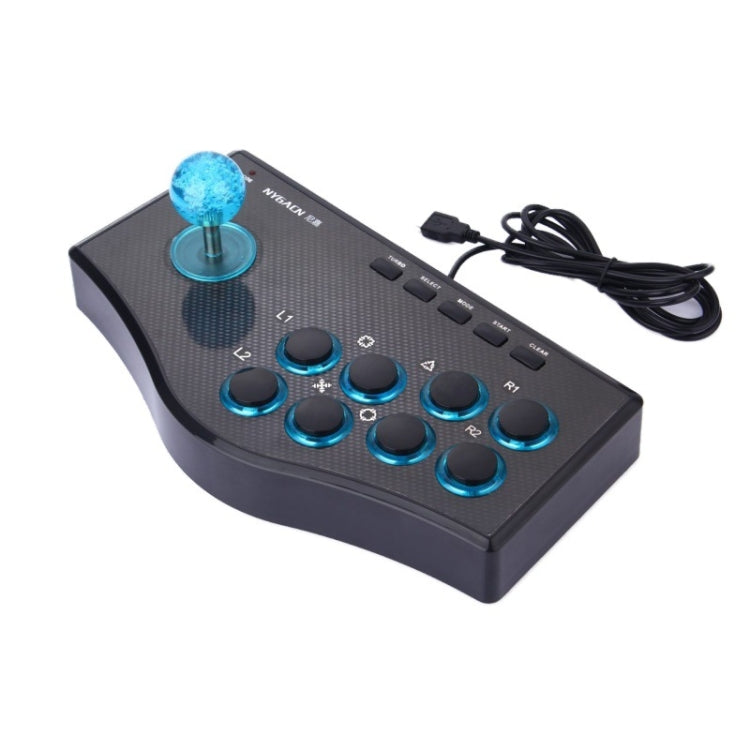 USB handle rocker game controller top view, blue joystick ball and multiple teal buttons
