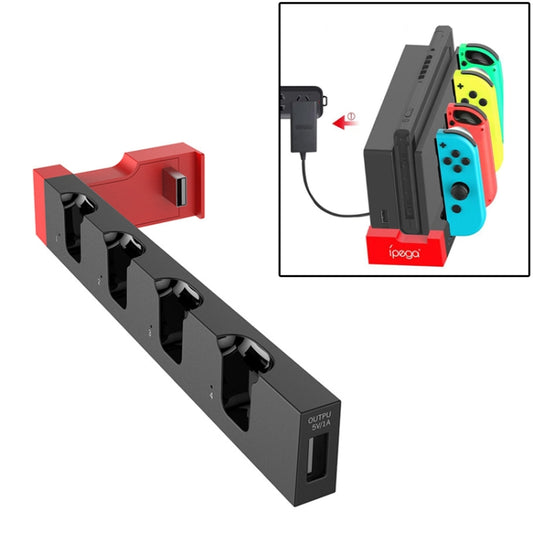 iPega Joy-Con charging dock stand with red/black body and LED indicator, USB port