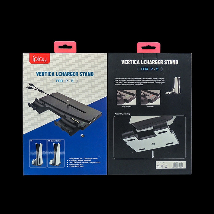 iPega vertical charging stand retail box for PS5 with stand and parts shown