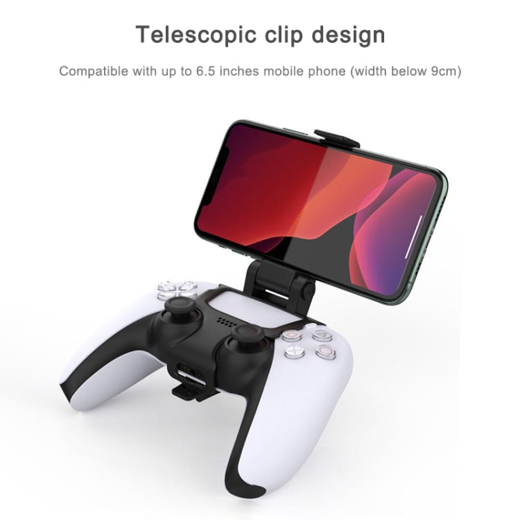 Phone clamp holding a smartphone on PS5 controller, black base and red screen