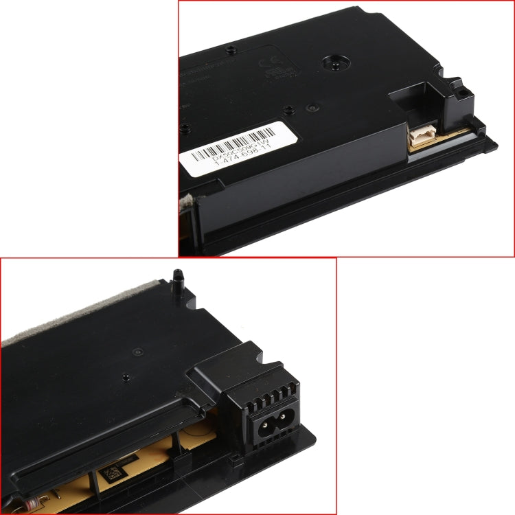 Power adapter module close-up, black connector bay and barcode label