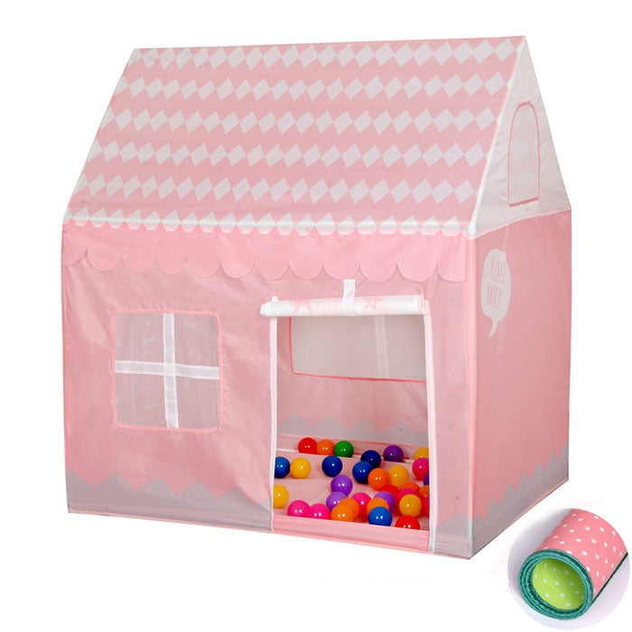 Pink kids play tent house with clear window panels and door opening, includes mat