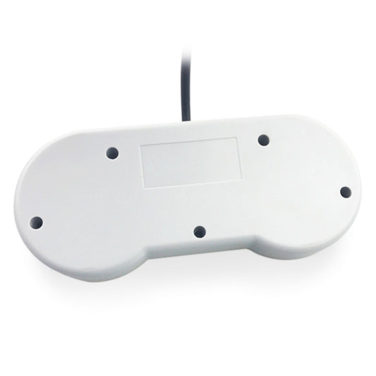 White wired game controller back side with central label area and cable
