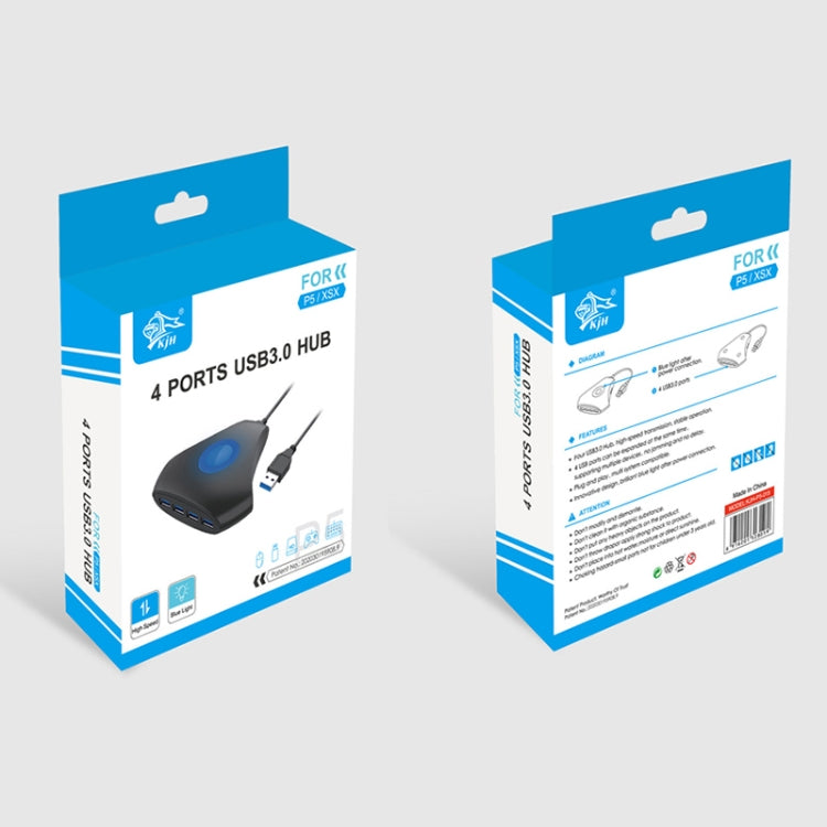 4-port USB hub converter retail box packaging in blue and white