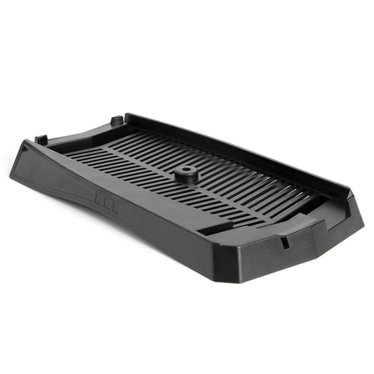 Black game console cooling bracket stand with slotted vent grille and circular support