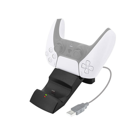 Dual PS5 controller charging dock with two stands, cable and indicator on base