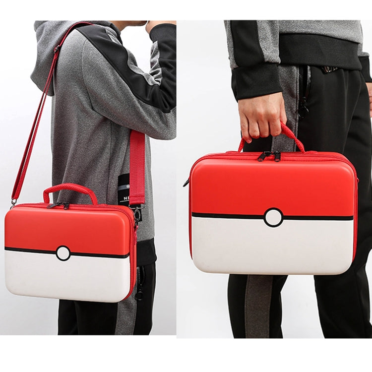 Red and white crossbody storage bag worn on shoulder, with top handle and strap.