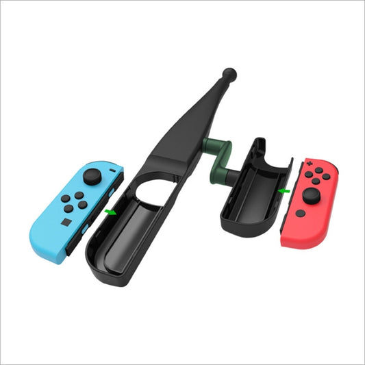 Fishing rod joystick accessory with blue and red Joy-Con controllers and black stand