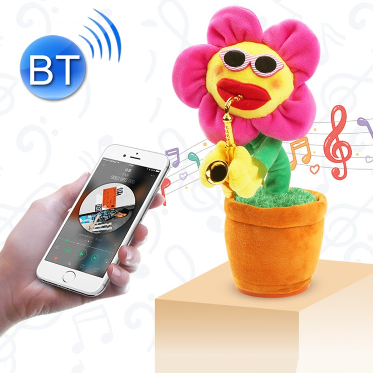 Pink sunflower sax style Bluetooth plush toy with planter base and Bluetooth signal icon