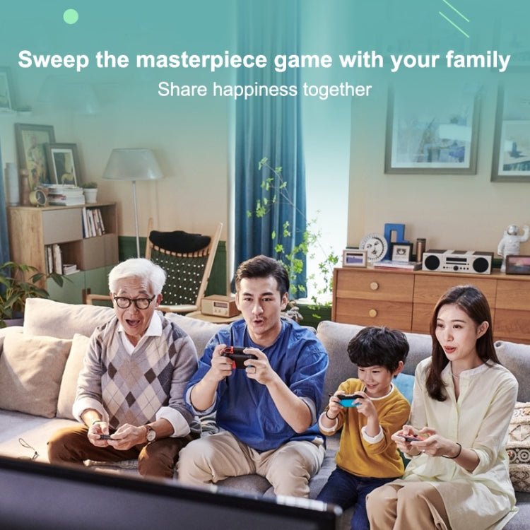 Family playing with joy-con style Bluetooth controllers on a handheld game console