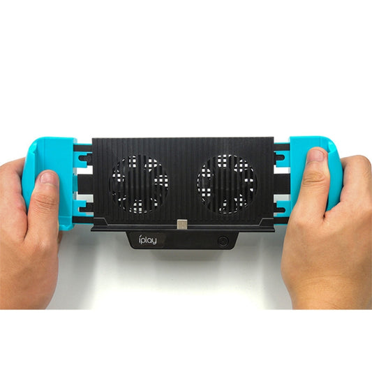 Blue cooling fan stand base with dual grille openings, held by hands