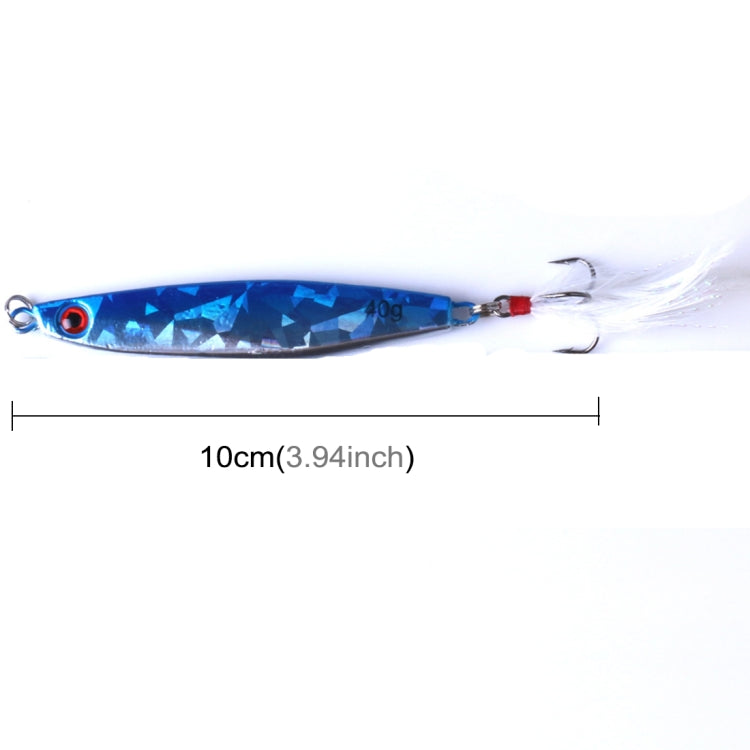 Blue metal fishing lure, 10cm long, with silver treble hook and white feather tail