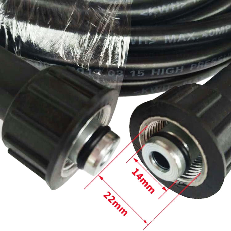 High-pressure spray gun connector with 14 mm and 22 mm measurement markings