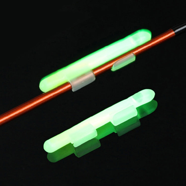 Clip-on luminous fishing light stick, green glow, attached to rod tip