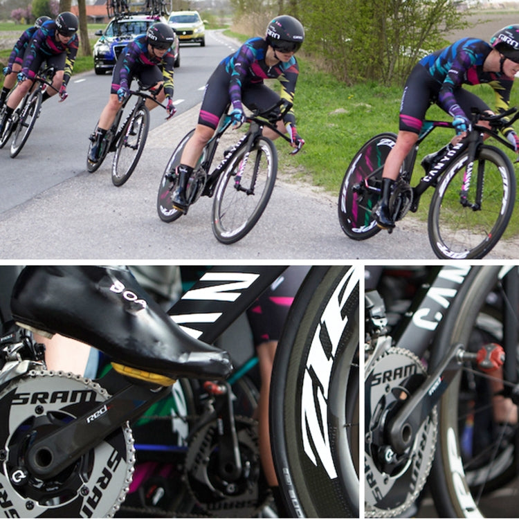 Cycling race group riding with clipless pedal shoes and visible bike drivetrain