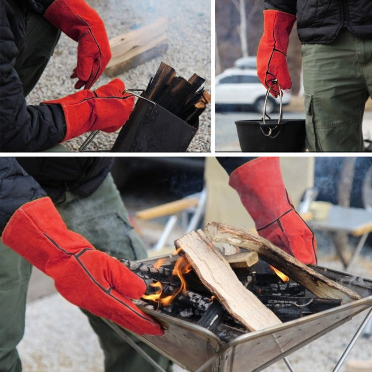 Orange welding gloves worn by a person while handling items at a grill