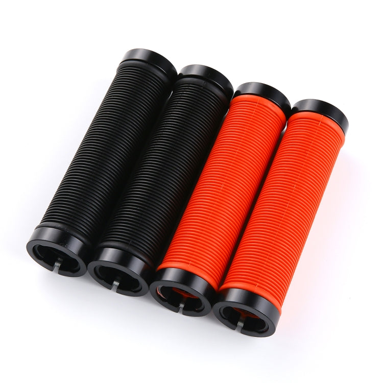 Set of ribbed black and red rubber lock-on bicycle handlebar grips with end caps