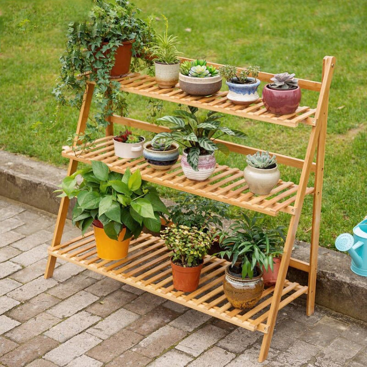 Outdoor wooden 3-tier plant stand with slatted shelves for potted plants
