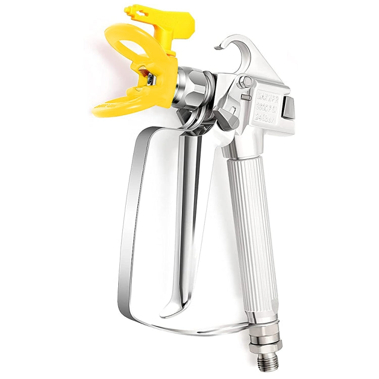 Airless paint sprayer spray gun with yellow nozzle guard and silver metal body