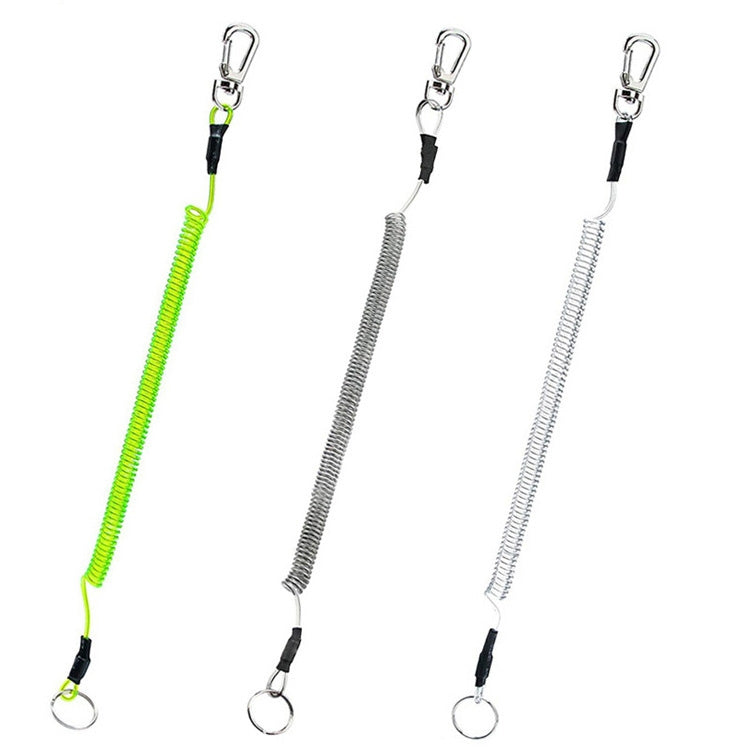 Set of three anti-lost spring keychain lanyards: lime, grey, and white with keyrings.