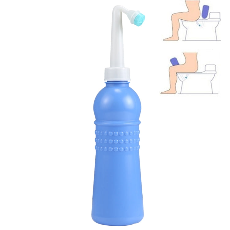 Portable handheld travel bidet sprayer, blue bottle with upright white nozzle