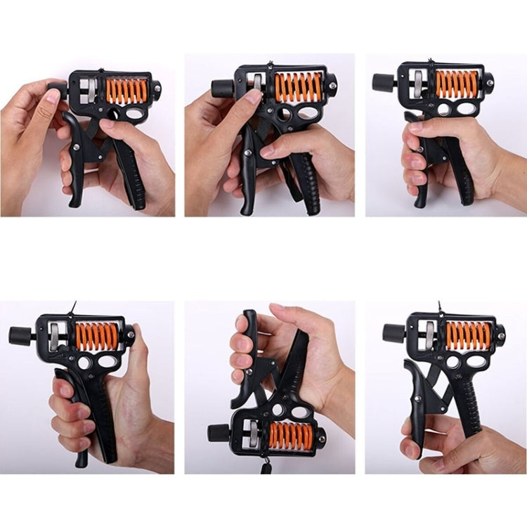Adjustable hand grip strengthener in use, black handles with orange spring coils