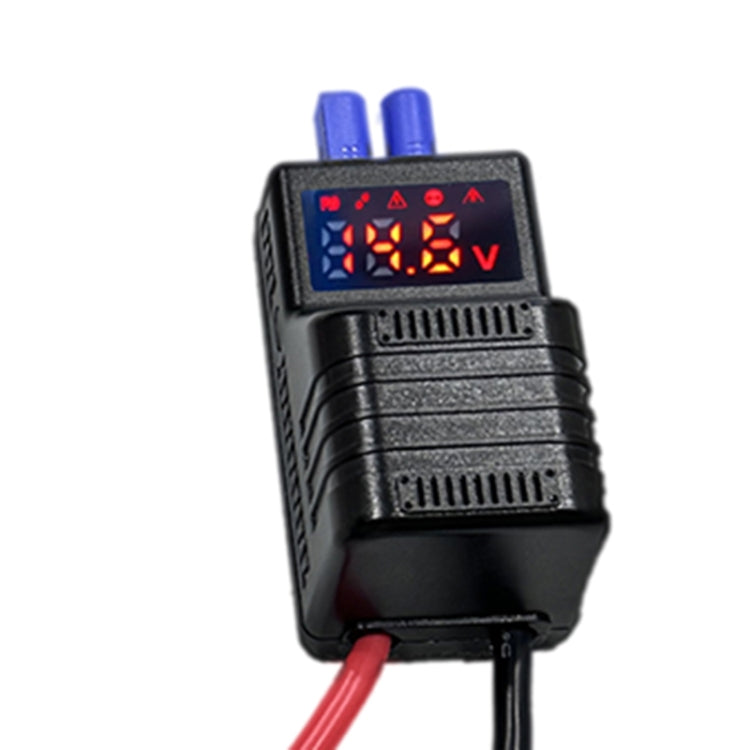 Black 12V regulator module with blue ports and red digital volt display