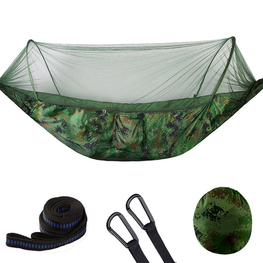 Camouflage camping hammock with white mosquito net canopy