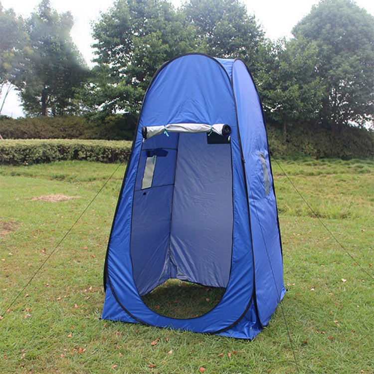 Blue pop-up changing tent with side window panel and enclosed front mesh opening
