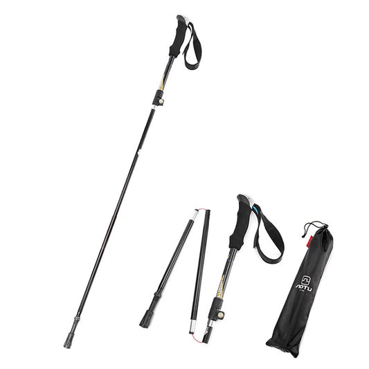 Folding trekking poles set with black EVA grips, wrist straps, and storage bag