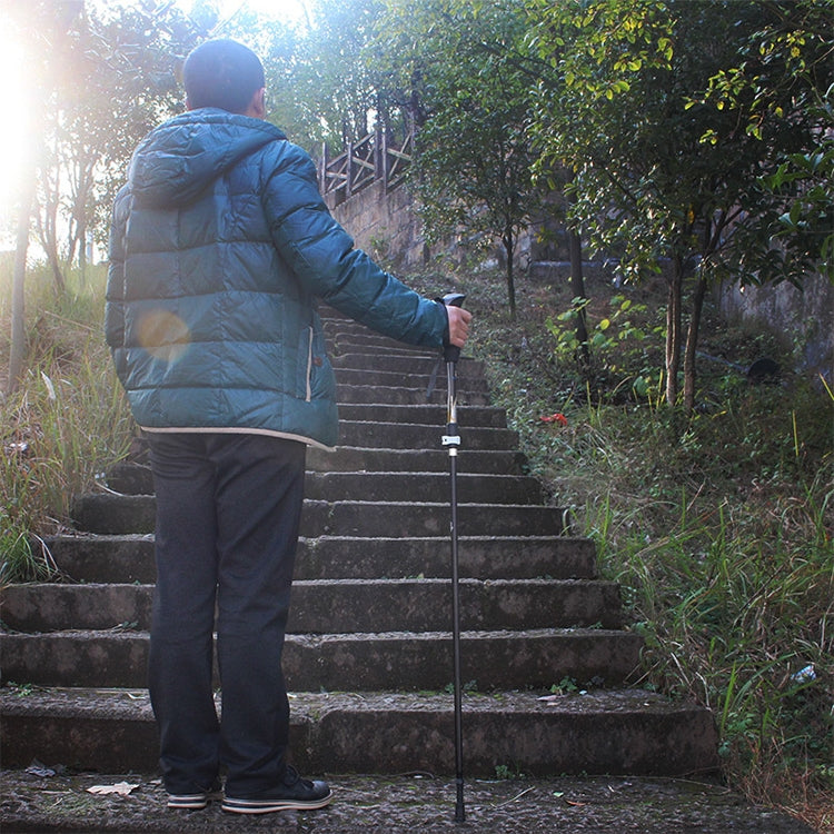 Trekking pole set used on steps, showing black handles and wrist straps