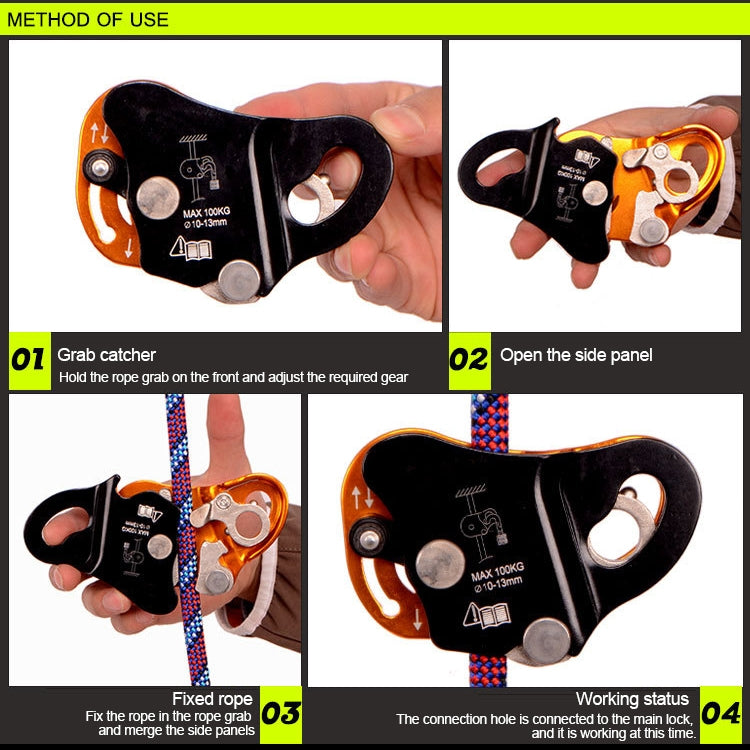 Rope gripper use steps diagram showing orange device held in hand over rope