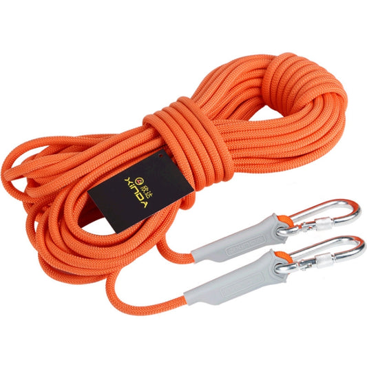 Orange auxiliary safety rope with gray handle and metal carabiners, coiled for climbing