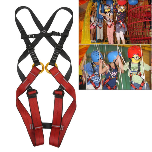 Children’s full-body safety harness with red and black adjustable straps, buckle closure.