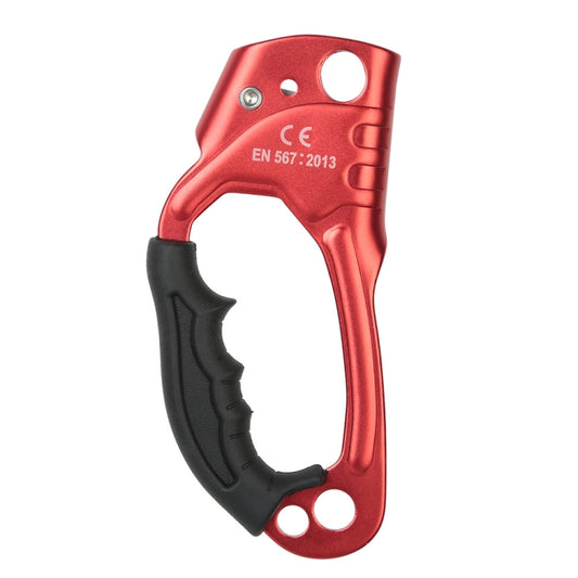 Red handheld rope gripper anti-fall device with black grip handle, top hole and markings
