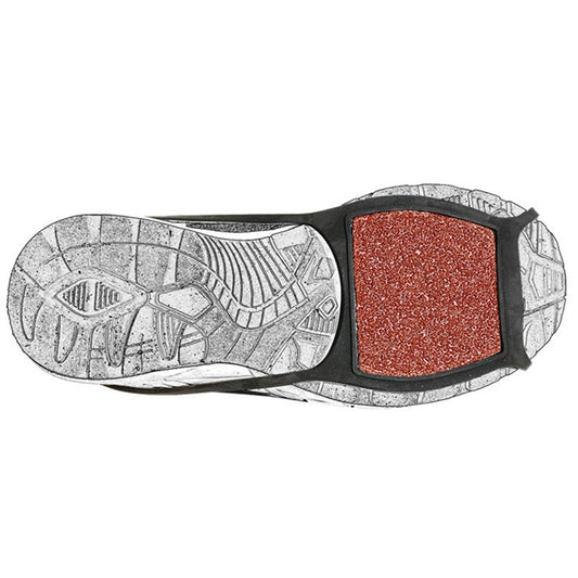 Shoe cover outsole with deep tread and red abrasive grip panel