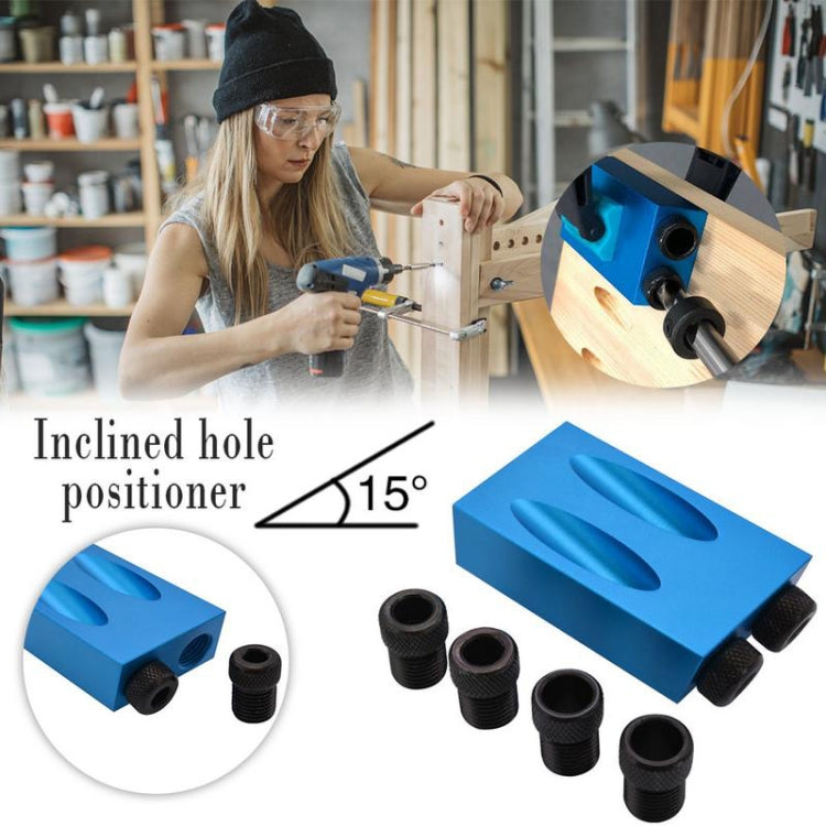 Blue 15° inclined hole positioner with black threaded sleeves, shown in use