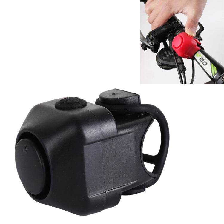 Black electric bicycle horn with bell, front view of round speaker housing
