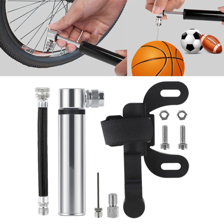 Portable mini pump kit: silver cylinder, black mount strap, valve adapters and screws