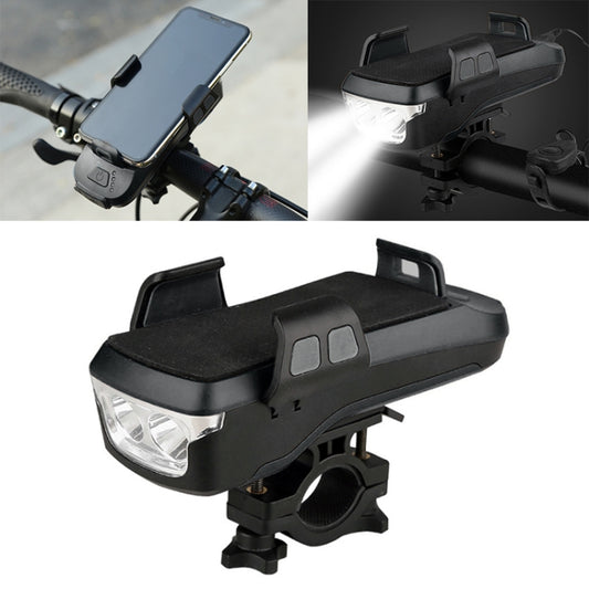 Black bike front LED light with phone holder mount and USB charging port