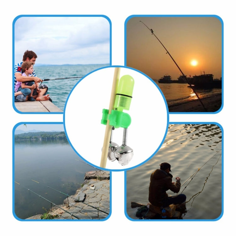 Fishing bite alarm with twin metal bells and lime LED light, green clip