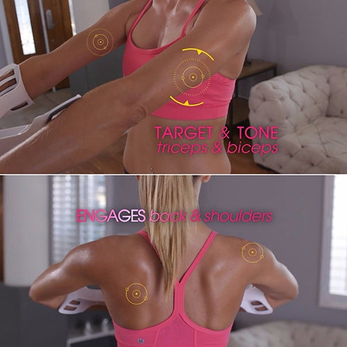 Arm strength training device worn on arms for triceps and back/shoulder exercises