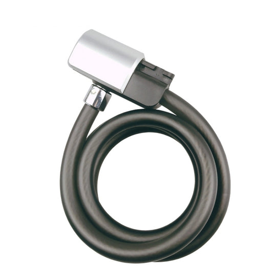 Bicycle cable key lock with silver lock frame and green coiled steel cable loop