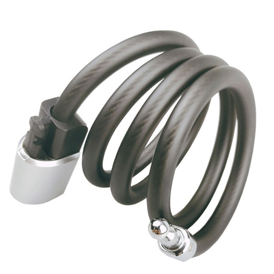 Steel cable bicycle key lock with green coiled loop and metal lock barrel