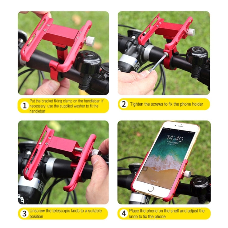 Red phone holder clamp with telescopic knob and cradle shown during installation steps